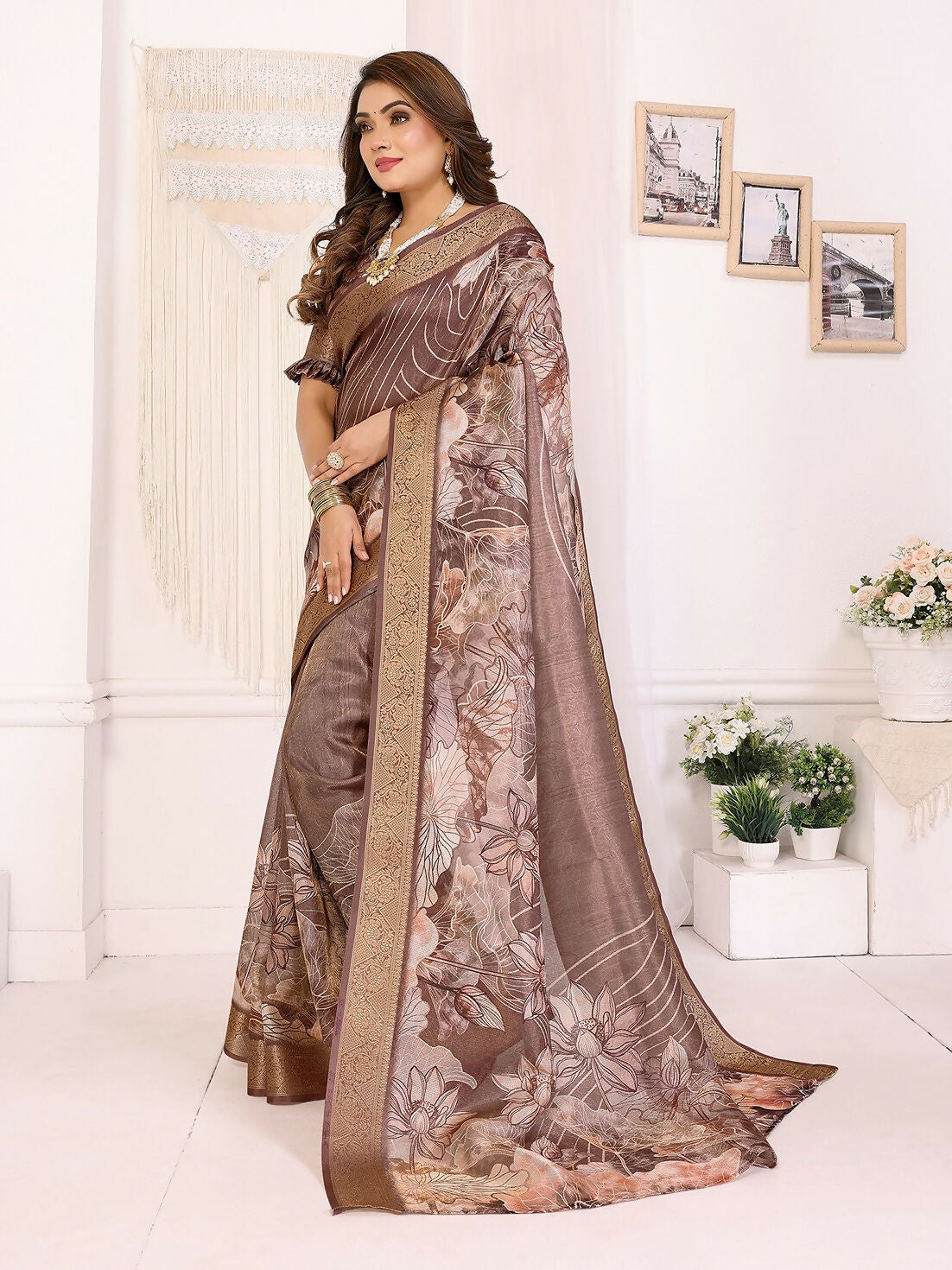 Joban Fashion Brown Floral Print pattern Banarasi Silk Sarees | Swadesiicart