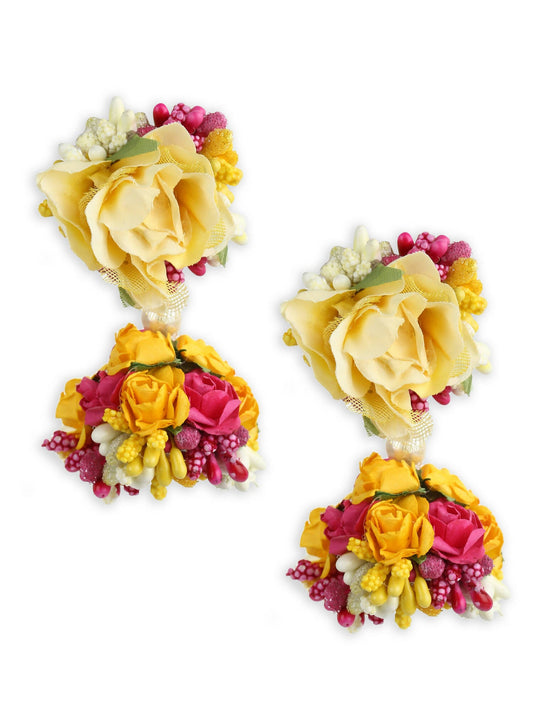 Yellow Pink Beaded Flower Jewellery Set - Ruby Raang - Swadesiicart