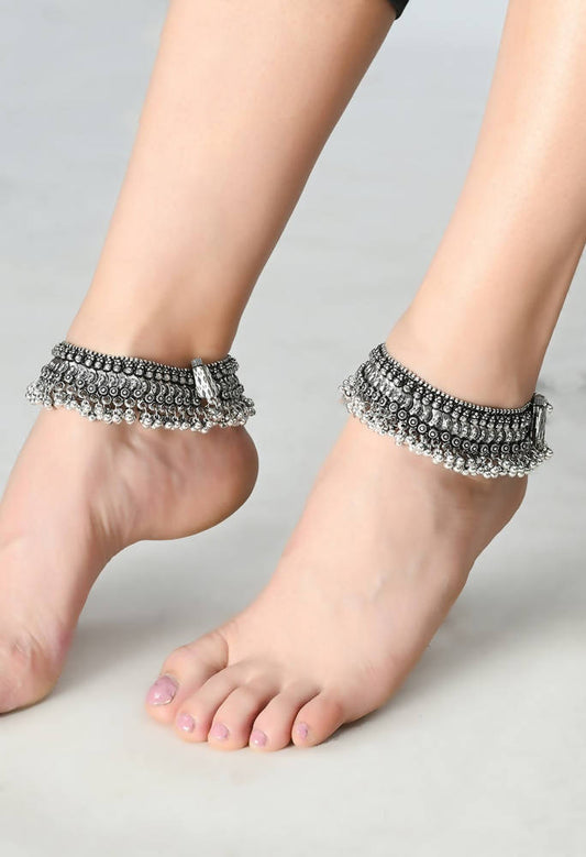 Mominos Fashion Kamal Johar Oxidised Silver Heavy Design Anklets | Swadesiicart