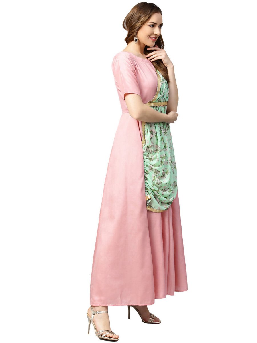 Ahalyaa Pink & Green Solid Maxi Dress with Attached Dupatta | Swadesiicart