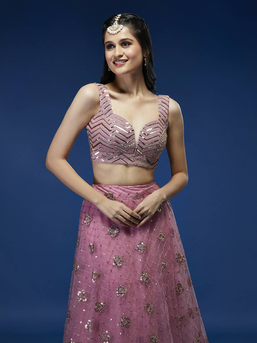 House of Panchhi Pink Net Sequinse Embroidered Lehenga & Blouse with Dupatta | Swadesiicart