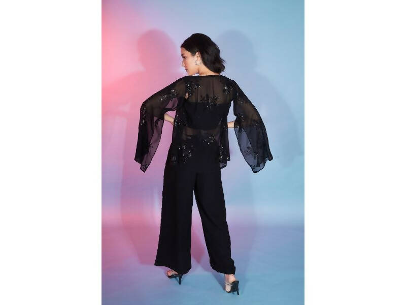 Black Georgette Sequence With Thread Designer Co-Ord Set - Flory - Swadesiicart