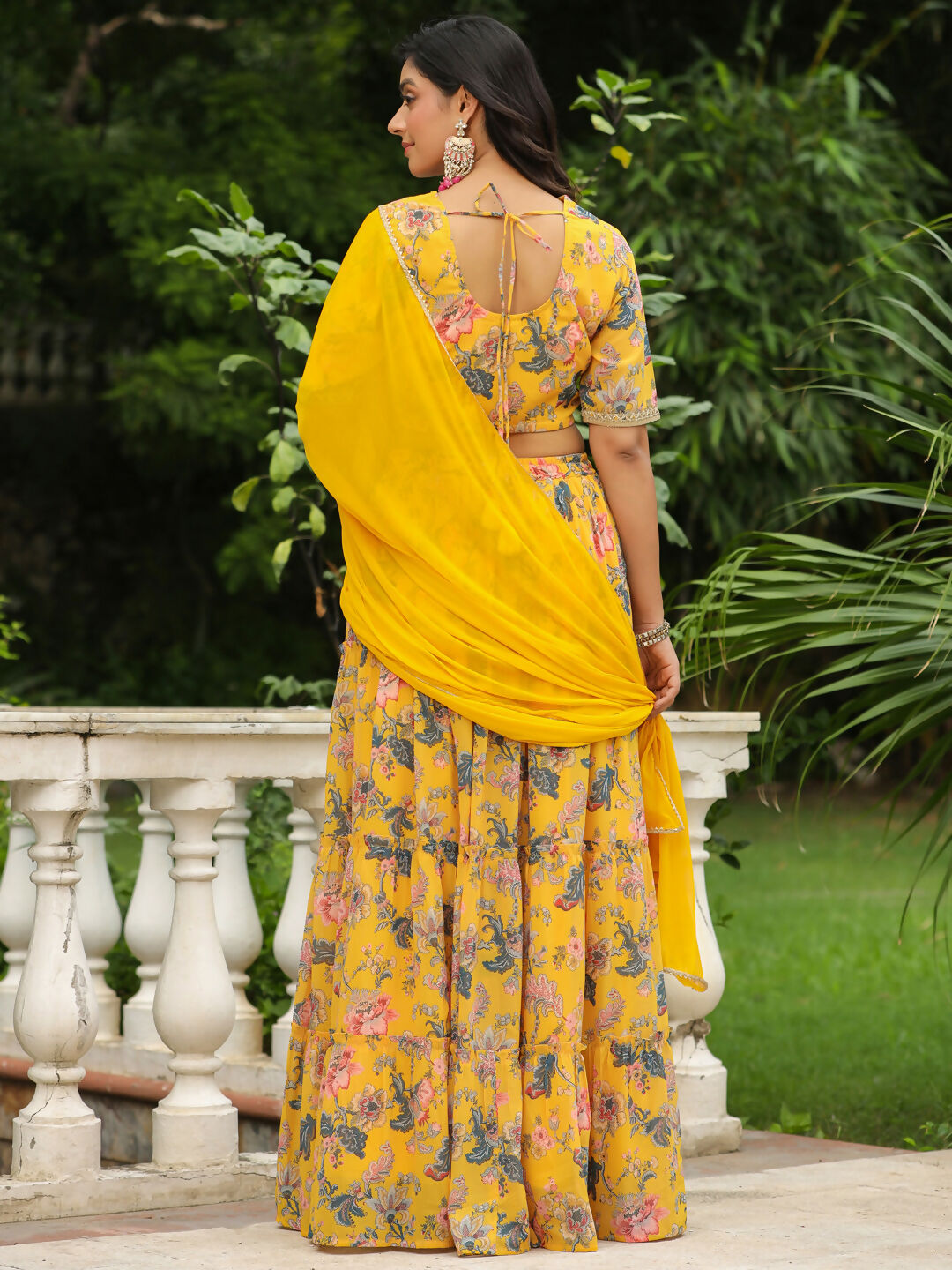 Janasya Yellow Georgette Floral Lehenga Choli Dupatta | Swadesiicart
