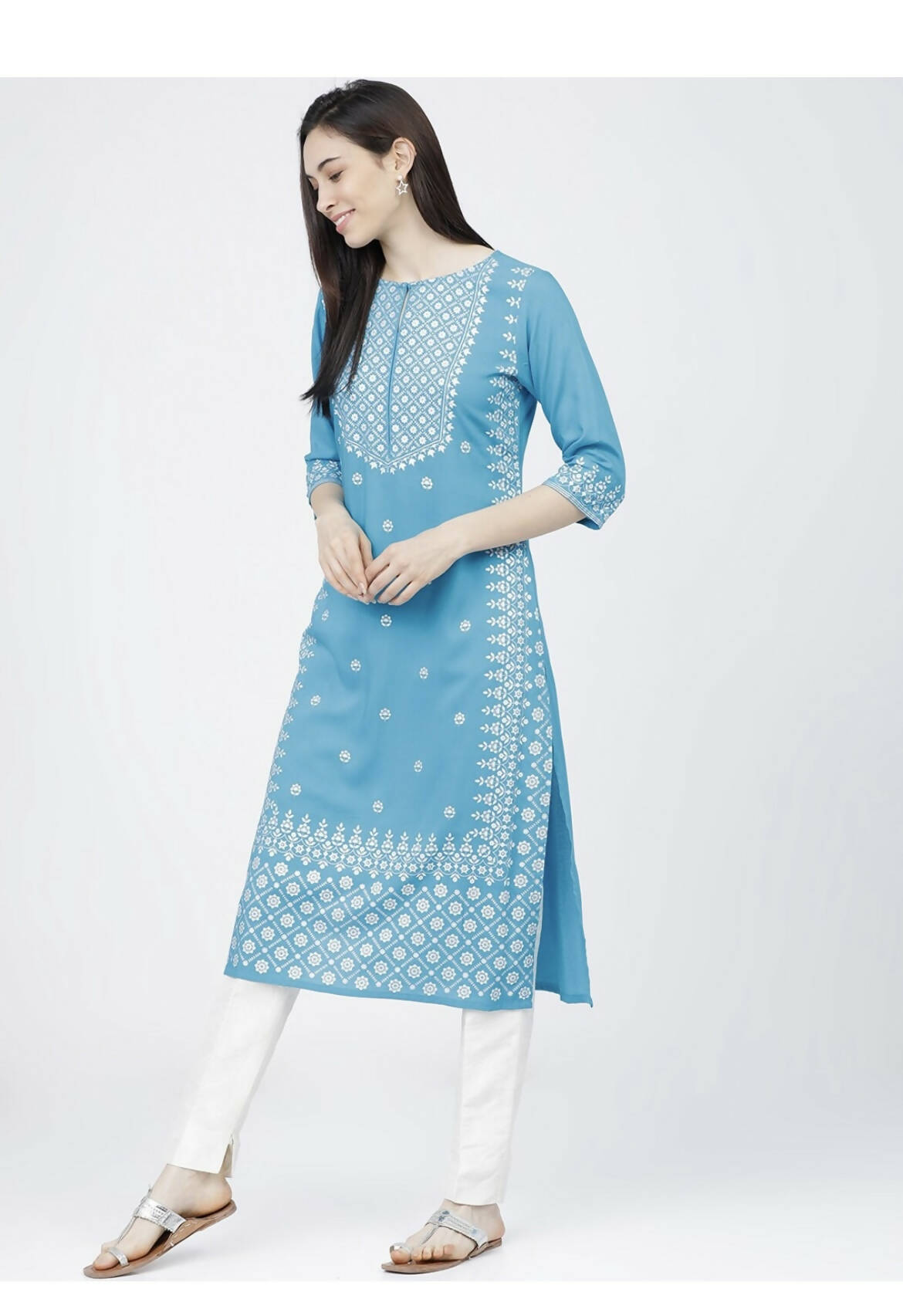 Indian Clothing Cheera Embellished Daily Wear Cotton Blend Kurta - Sky Blue - Cheera