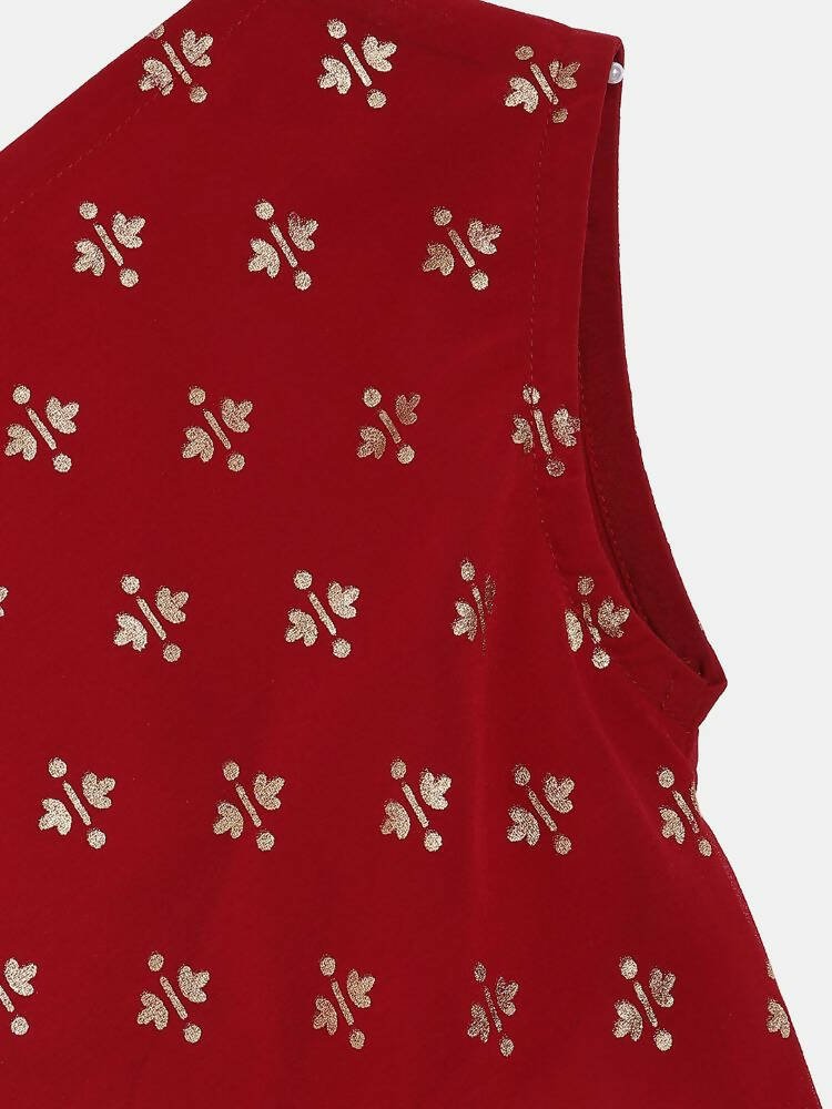 Ahalyaa Maroon Georgette Glitter Print Asymmetric Kids Kurta Palazzo Sets For Girls | Swadesiicart