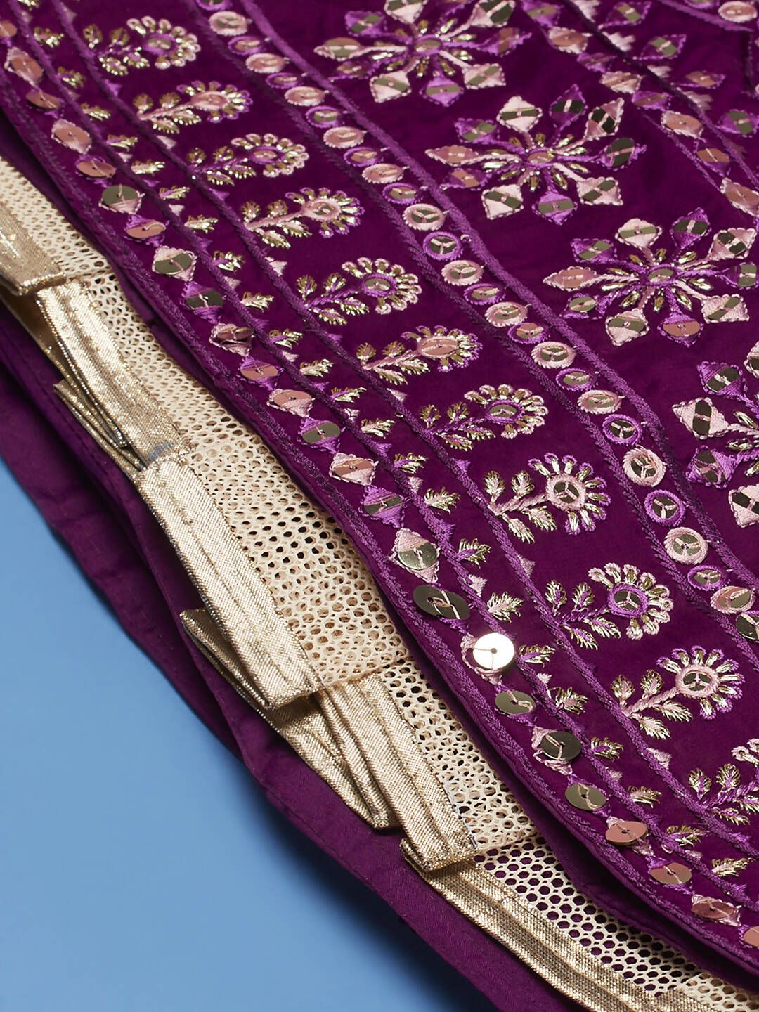 House of Panchhi Women Burgundy Pure Georgette Sequinse Embroidered Lehenga & Blouse, Dupatta | Swadesiicart