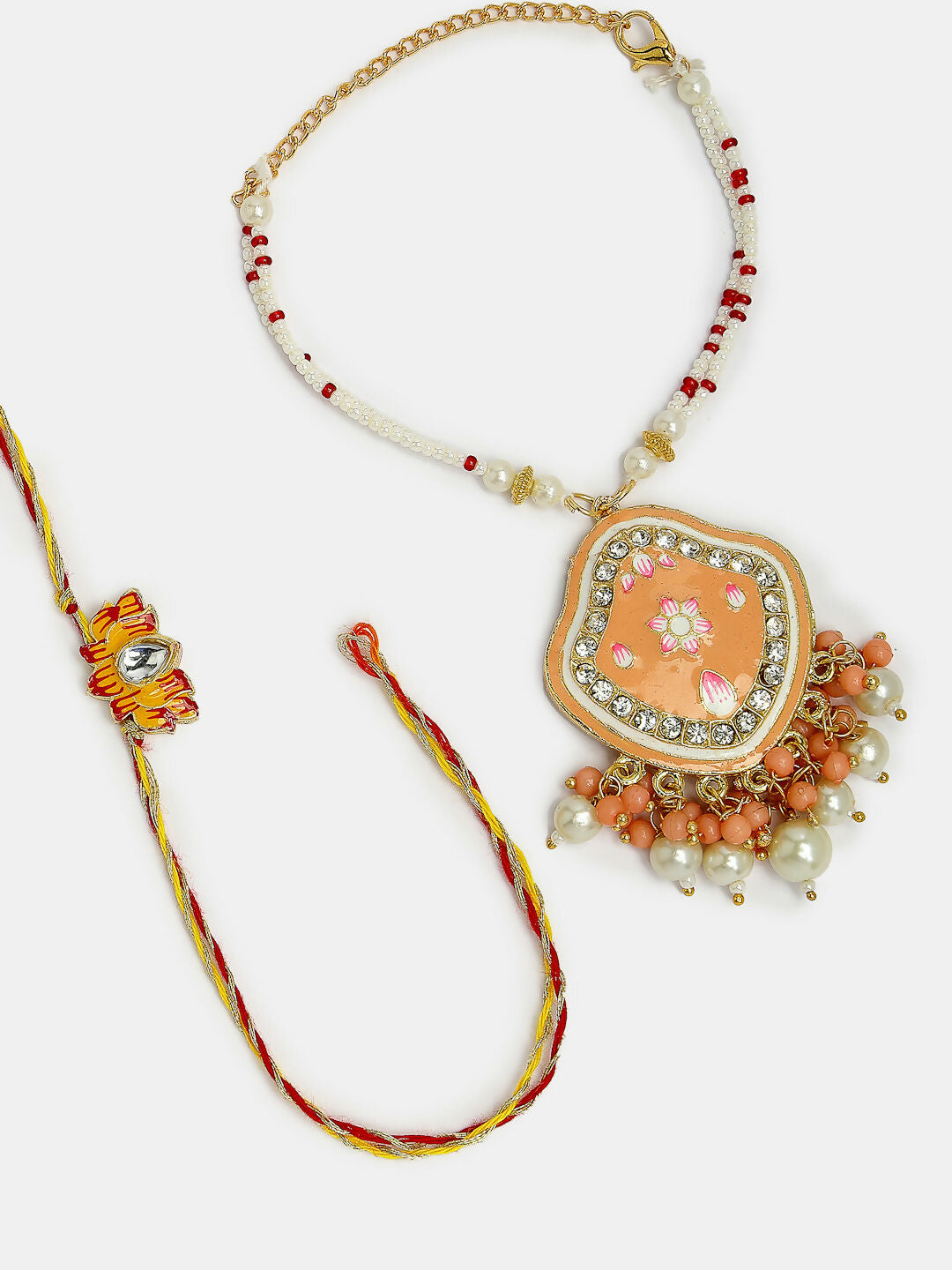 NVR Women & Men Set of 2 Peach Lotus Shape Kundan Stone-Studded & Beaded Bhaiya Bhabhi Rakhi With Roli Chawal & Chocolate | Swadesiicart