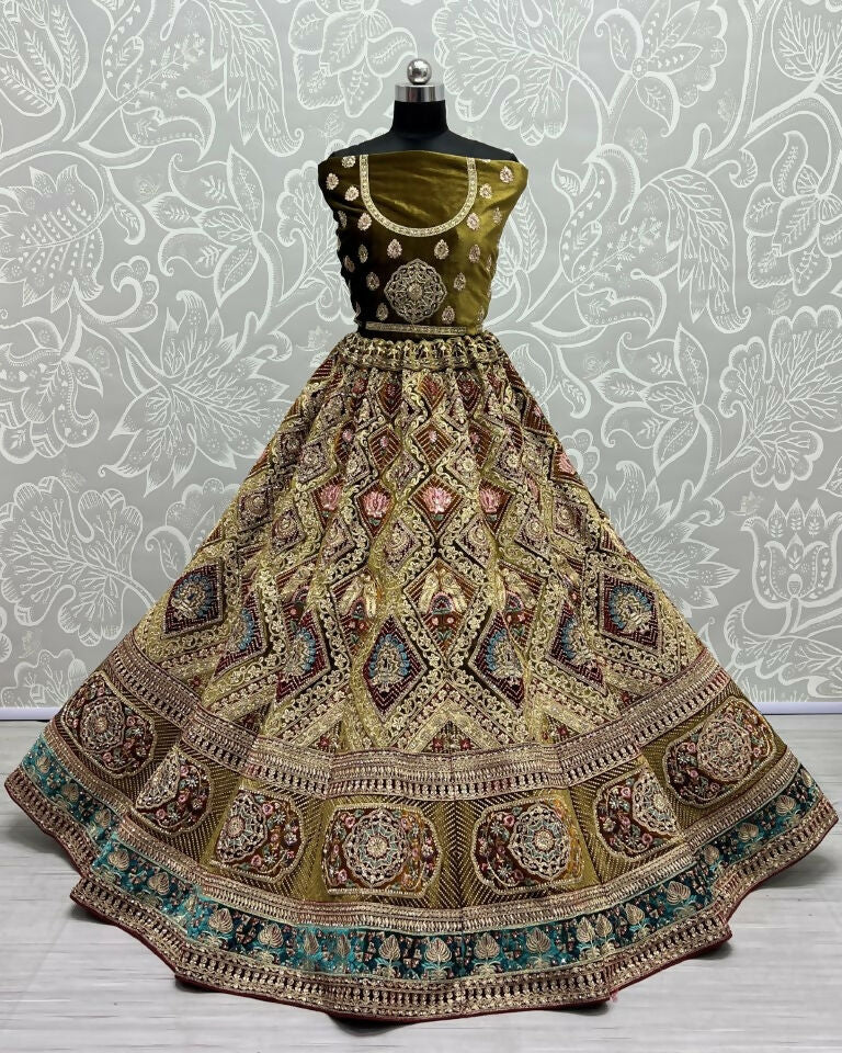 Jyoti Fashion Women's Mehendi Velvet Dori, Multi Thread Embroidered with Zircon Diamond Work Wedding Lehenga Choli | Swadesiicart