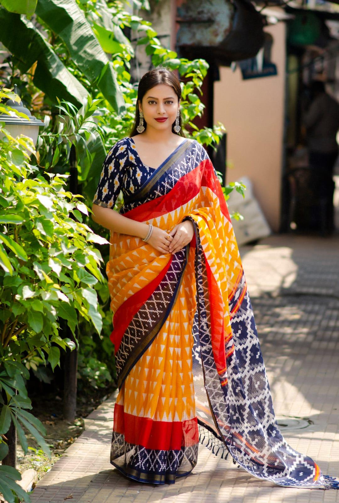 Yellow Polycotton Ethnic Motifs Saree with Unstitched Blouse - Hiral Fashion | Swadesiicart
