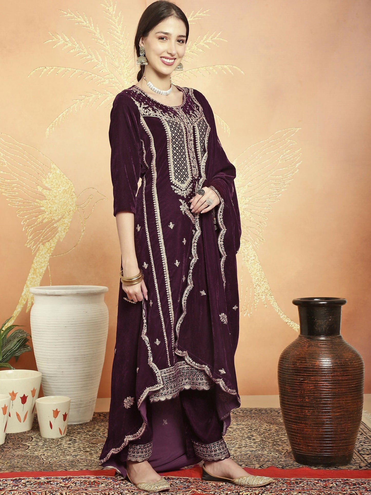 Jyoti Fashion Women's Wine Velvet Cording with Resham Thread & Sequin Kurta with Trouser & Dupatta | Swadesiicart