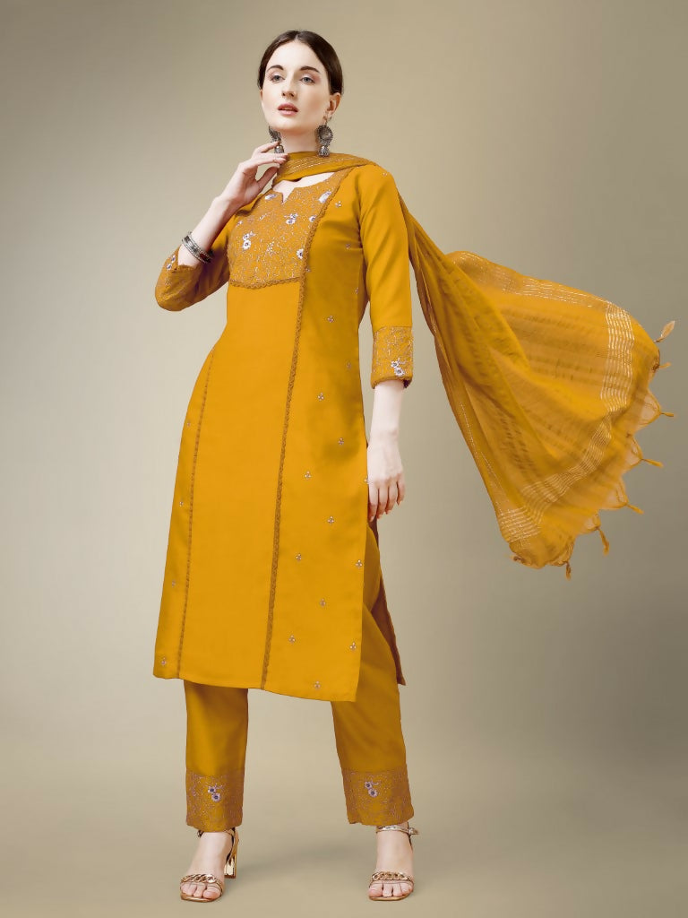 Jyoti Fashion Women's Yellow Cotton Blend Embroidery & Fancy Lace work Kurta with Trouser & Dupatta | Swadesiicart