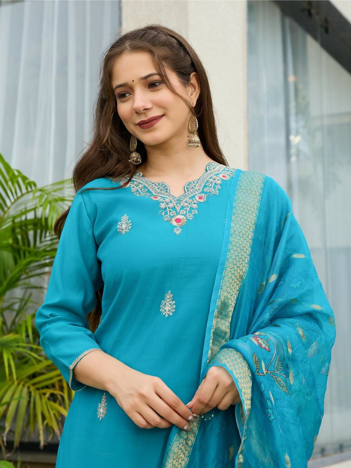 The52 Blue Women's Gorgeous Viscose Fabric Embroidered Work Straight Kurta, Pant and Dupatta Set - Swadesiicart
