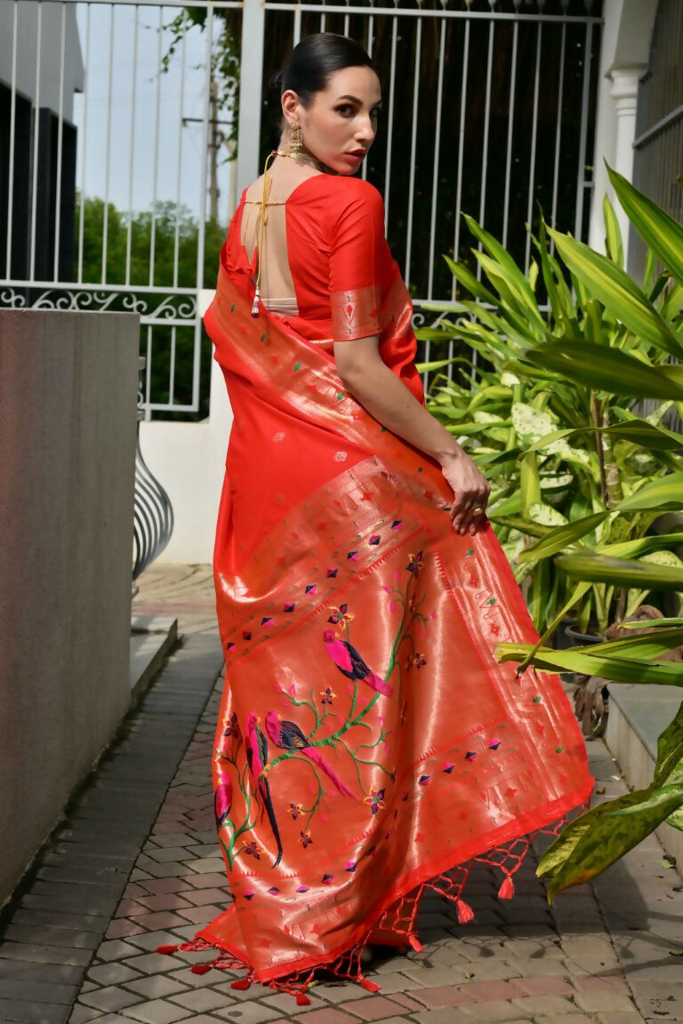 Vishnu Weaves Women's Red Paithani Silk Zari Woven Saree with Blouse - Swadesiicart