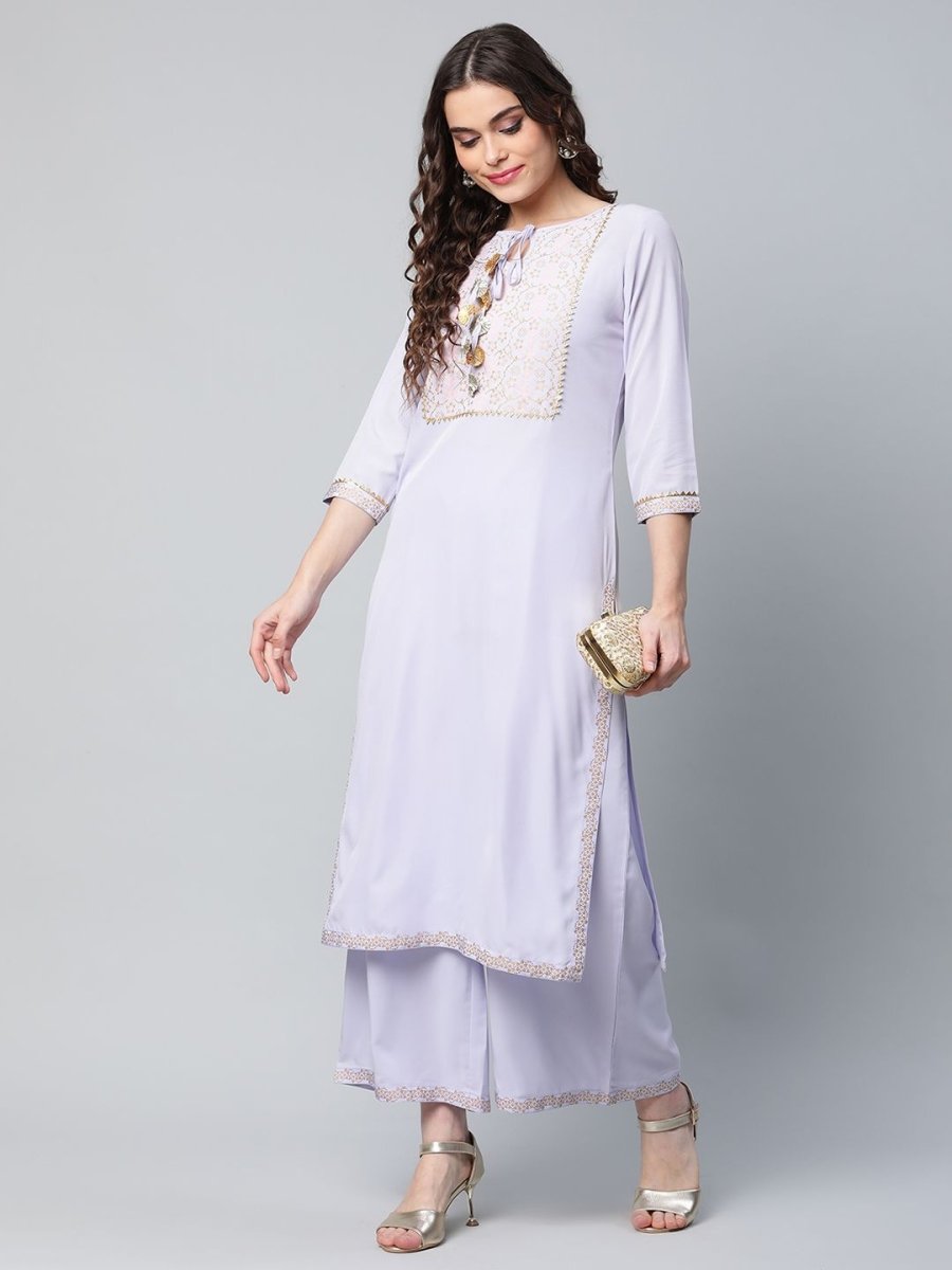Ahalyaa Women's Powder Blue Crepe Gold Printed Kurta Palazzo Set | Swadesiicart