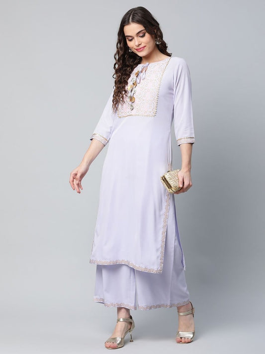 Ahalyaa Women's Powder Blue Crepe Gold Printed Kurta Palazzo Set | Swadesiicart