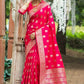 Vishnu Weaves Women's Pink Banarasi Silk Floral Zari Woven Saree with Unstitched Blouse - Swadesiicart