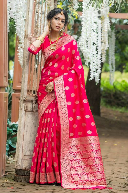 Vishnu Weaves Women's Pink Banarasi Silk Floral Zari Woven Saree with Unstitched Blouse - Swadesiicart