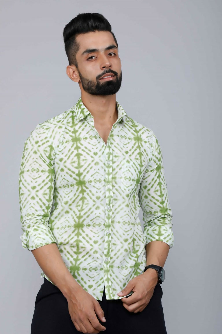 Miravan Men's Premium Green and White Slim Fit Tie Dye Cotton Shirt | Swadesiicart