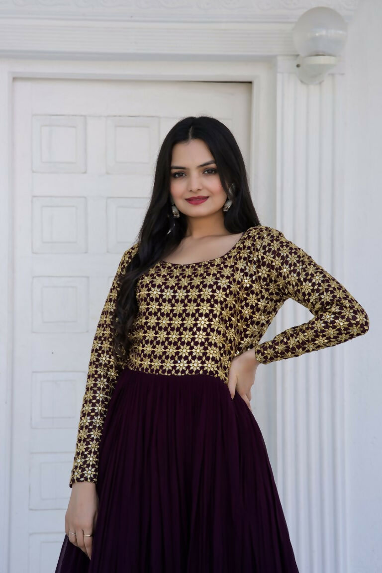 Jyoti Fashion Women's Wine Sequence Zari Embroidered Faux Blooming Anarkali Dress | Swadesiicart