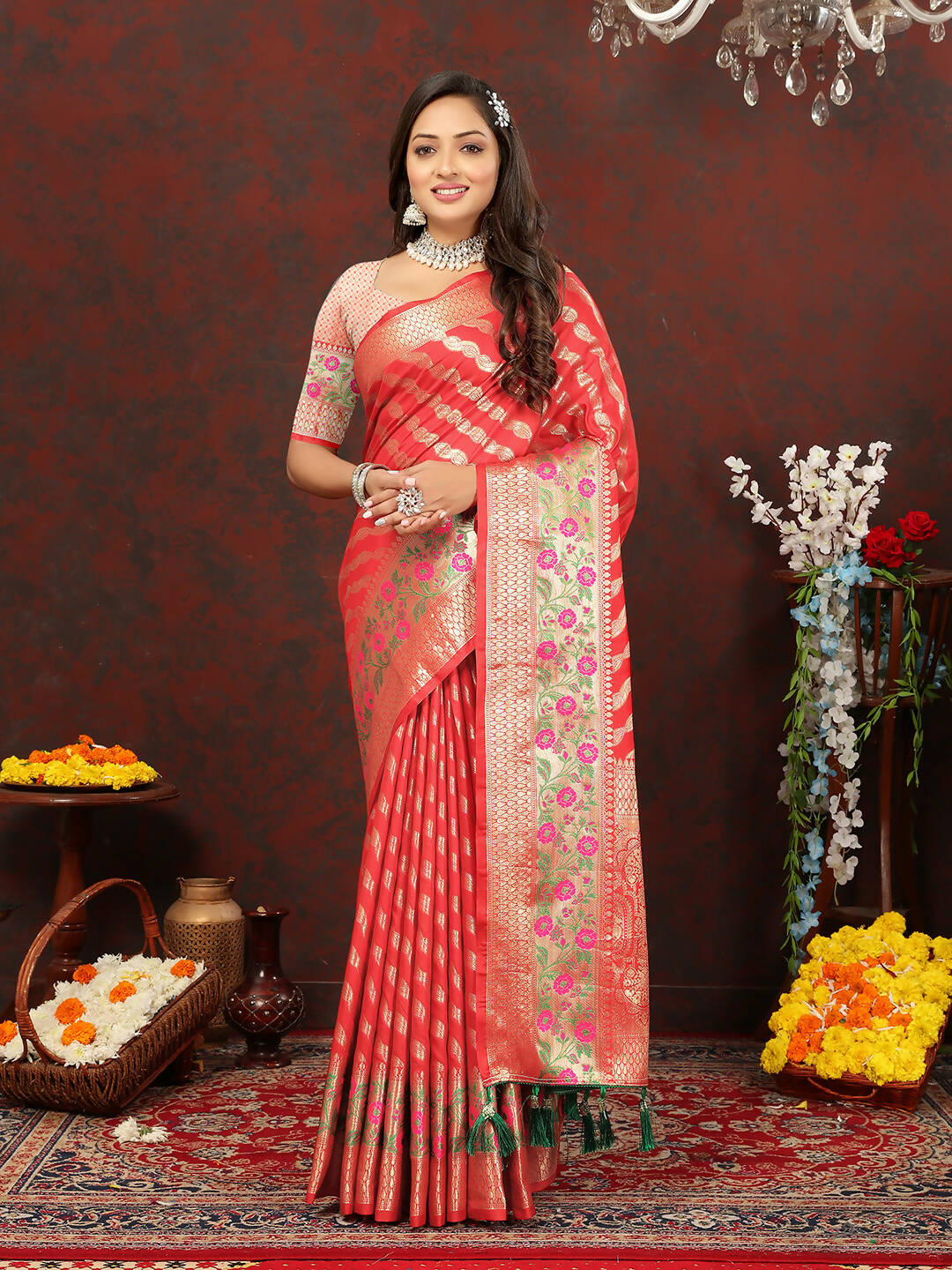 Lorenvalley Fashion Red Soft Silk Woven Design with Zari Weaving Leheriya Design Saree - Swadesiicart