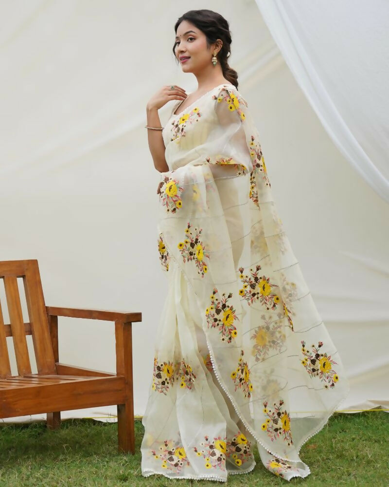 Vamsee Anamika Yellow (Anvika) Organza Silk Saree - Swadesiicart