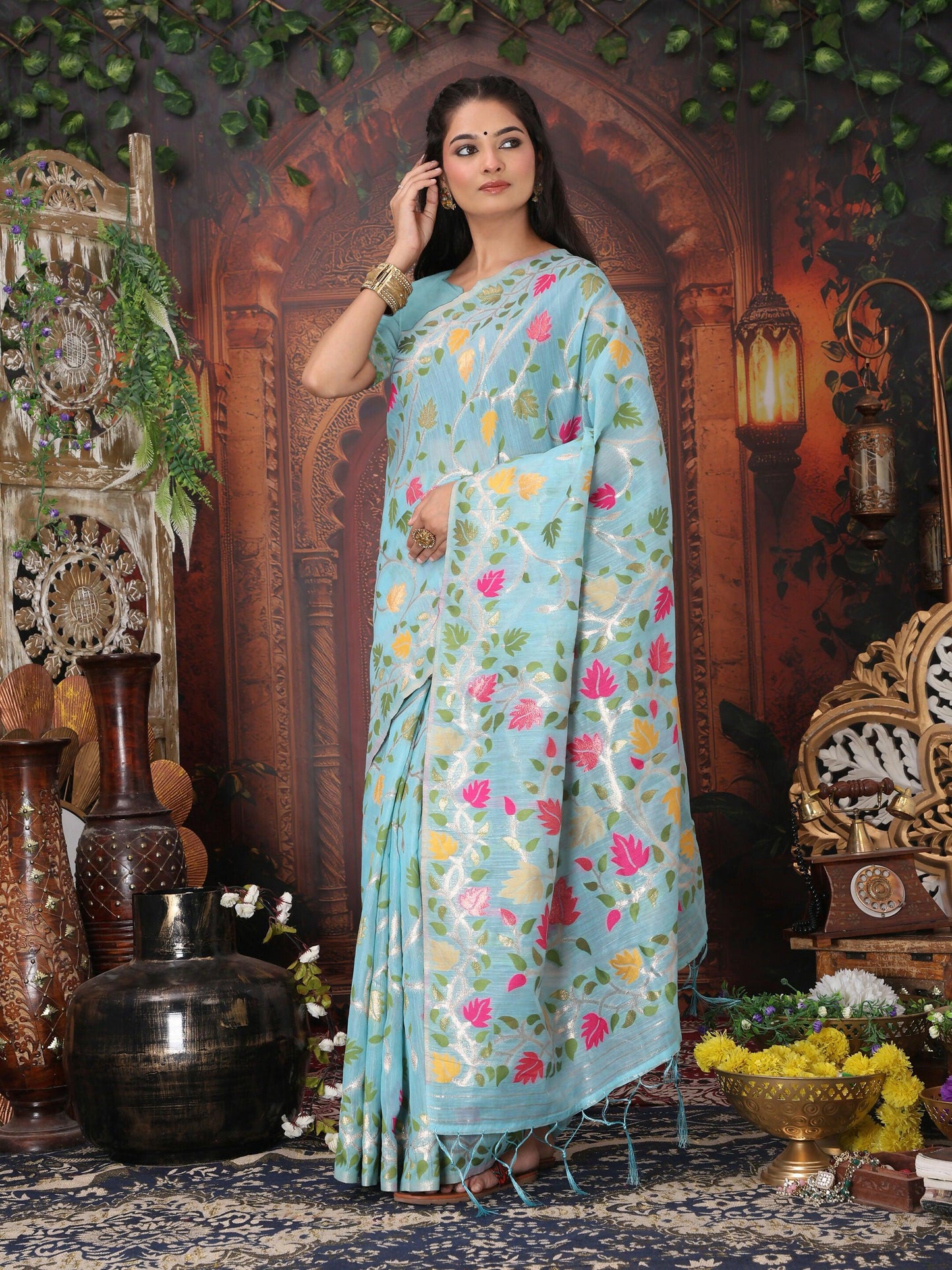 Shree Shyam Fashion Linen Cotton Sky Blue Saree