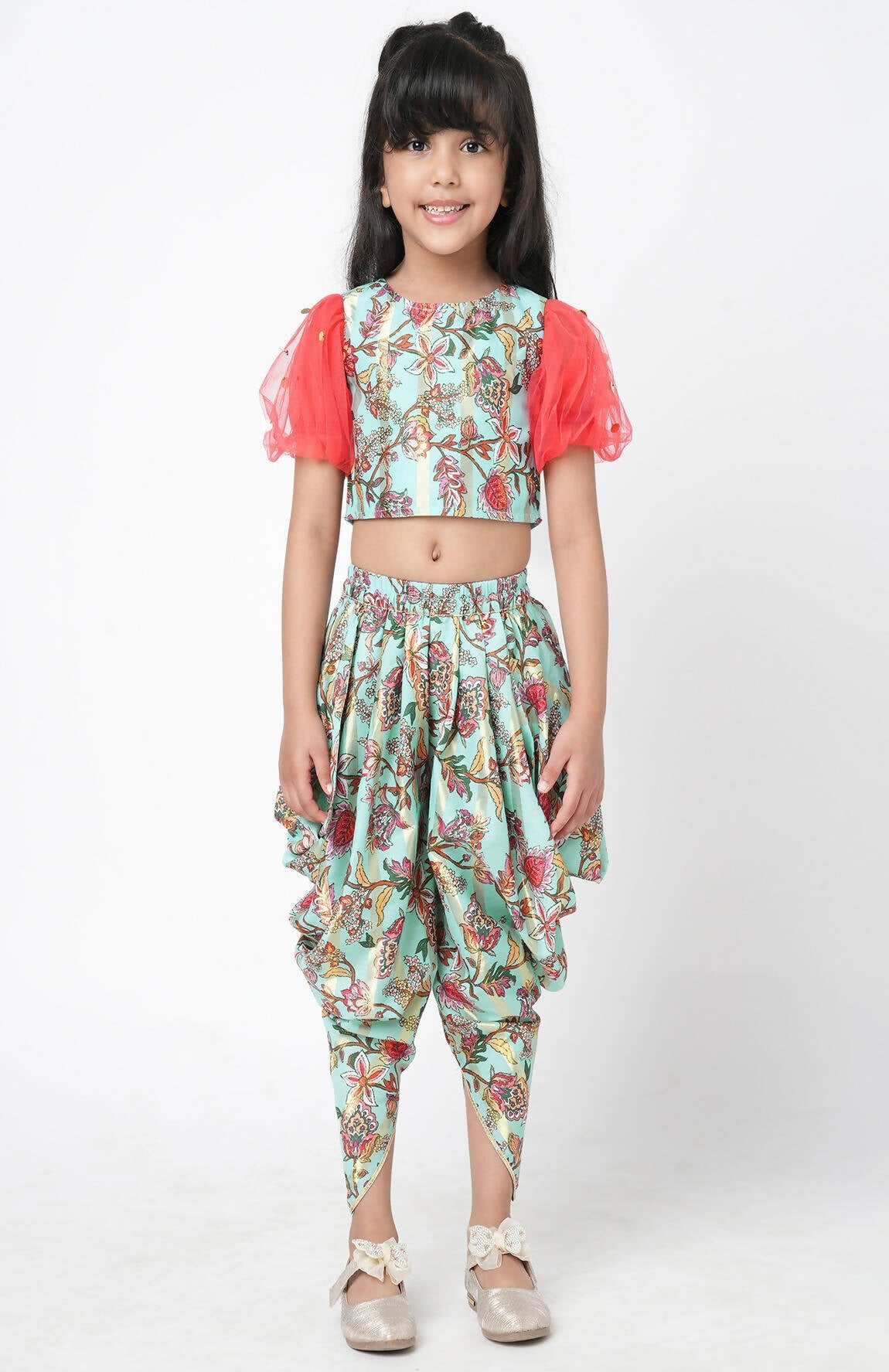 Lil Drama Golden Weaves Blue Crop Top With Dhoti Co-Ordinate Set - Swadesiicart