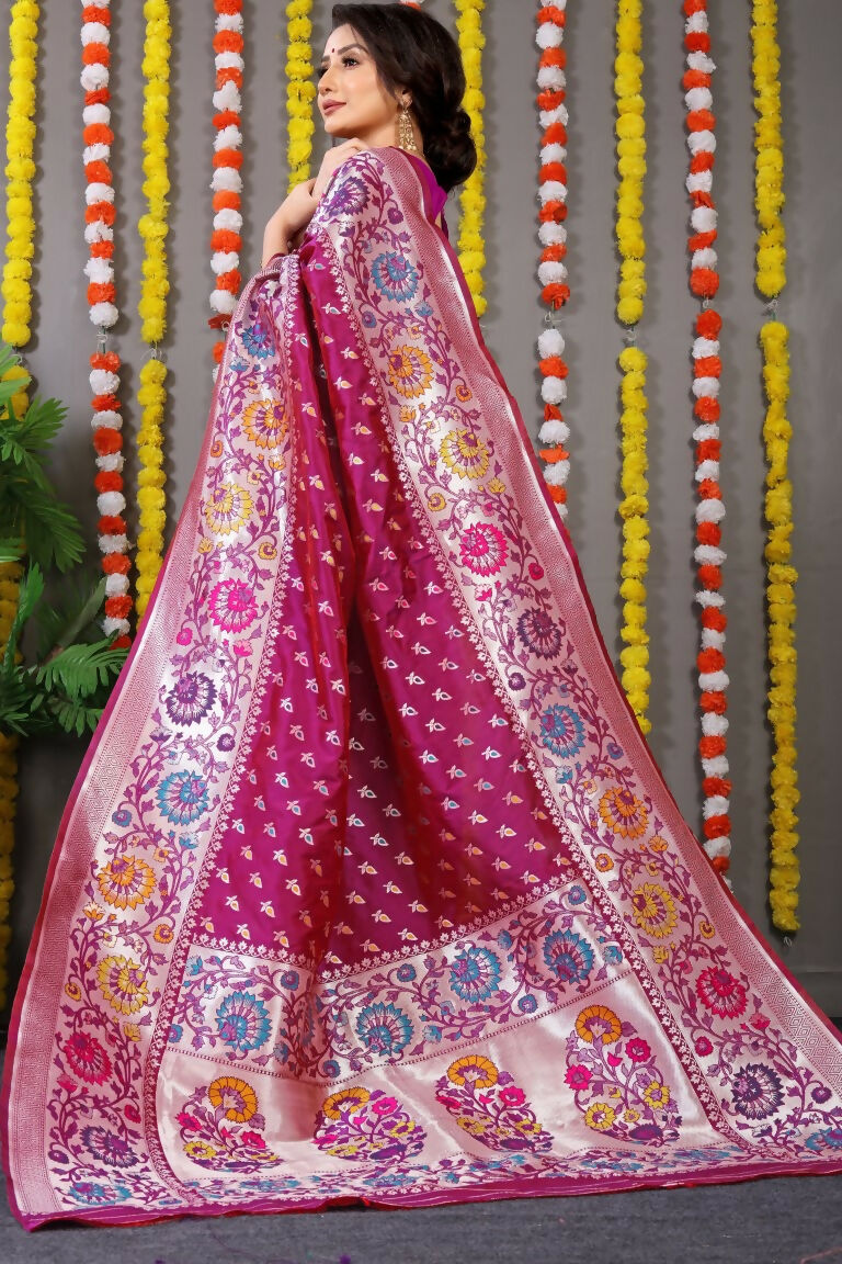 Jyoti Fashion Women's Magenta Banarasi Silk Zari Woven Saree with Blouse | Swadesiicart