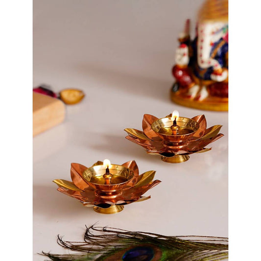 eCraftIndia Brown & Gold-Toned 2 Pcs Floral Shape Metal Diyas | Swadesiicart
