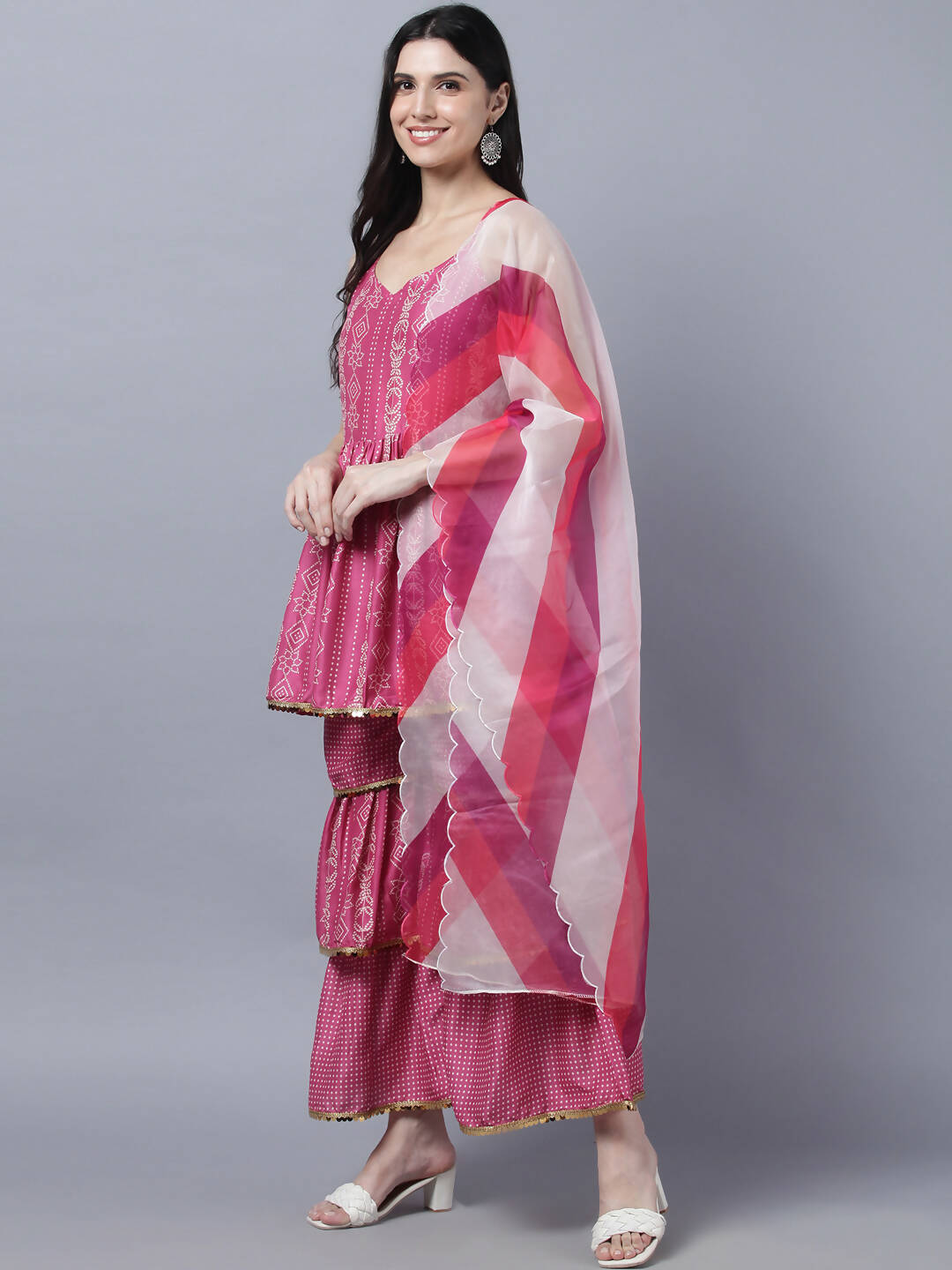 Myshka Stylish Pink Sleeveless Women's Kurta Sharara with Dupatta Set | Swadesiicart