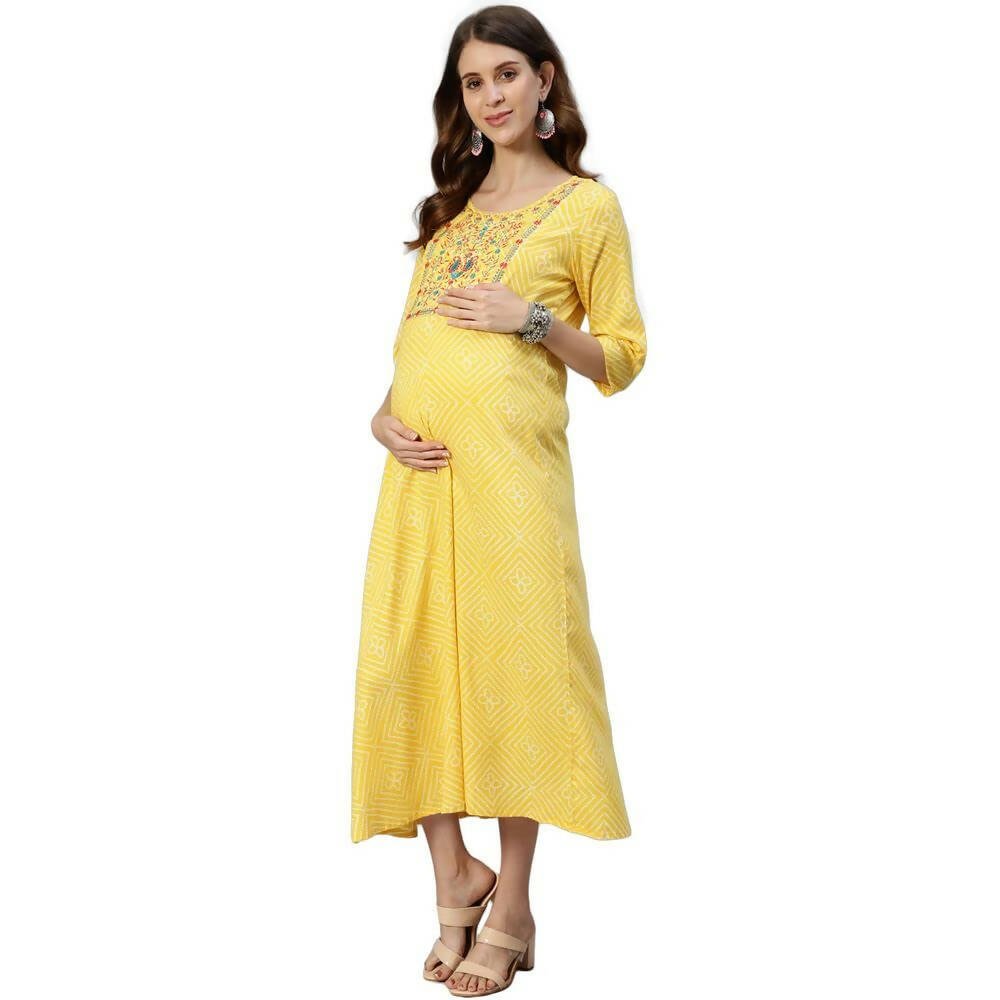 Anubhutee Women's Cotton Knee-Length Ethnic Motifs Maternity A-Line Midi Yellow Dress | Swadesiicart