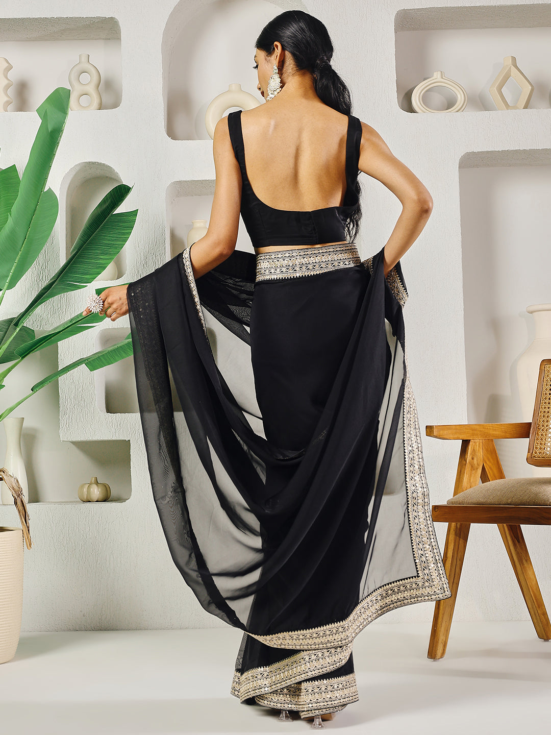Fab Fashion Black Solid Ready to Wear Saree With Blouse | Swadesiicart