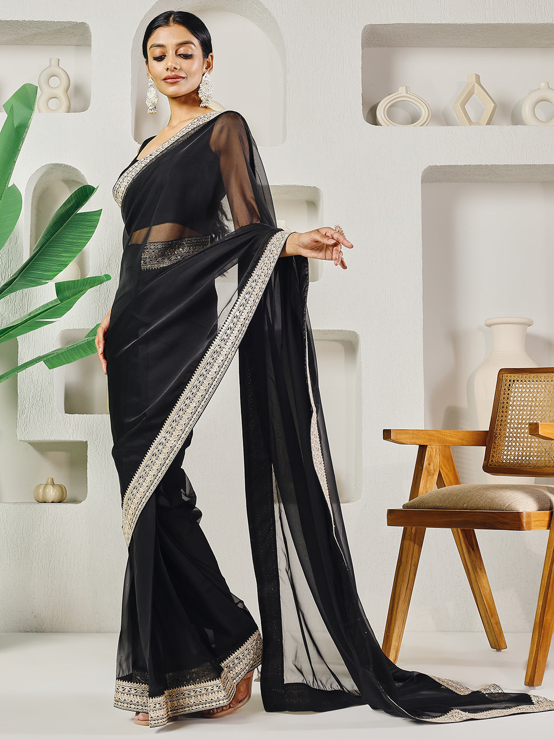 Fab Fashion Black Solid Ready to Wear Saree With Blouse | Swadesiicart