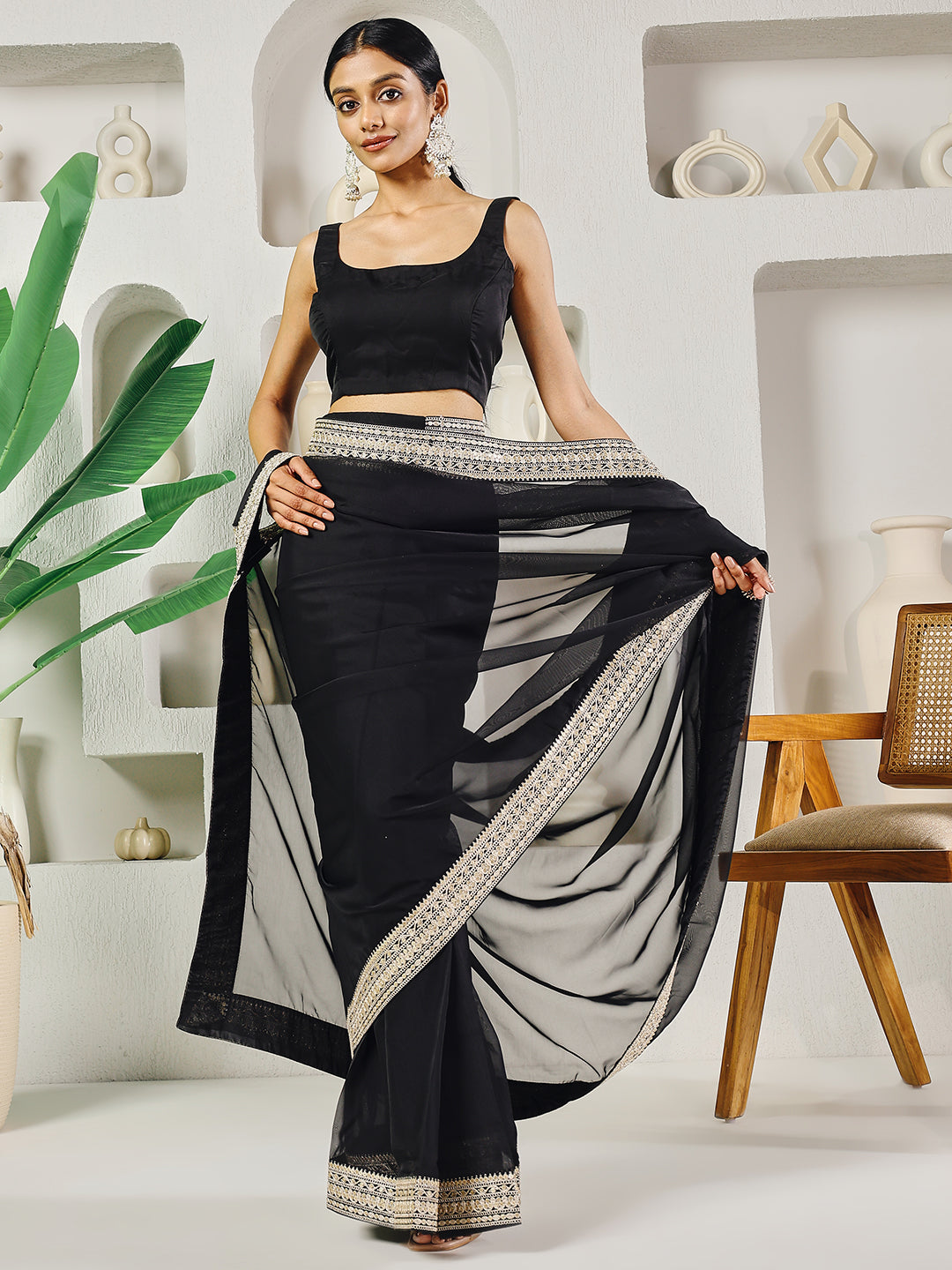 Fab Fashion Black Solid Ready to Wear Saree With Blouse | Swadesiicart