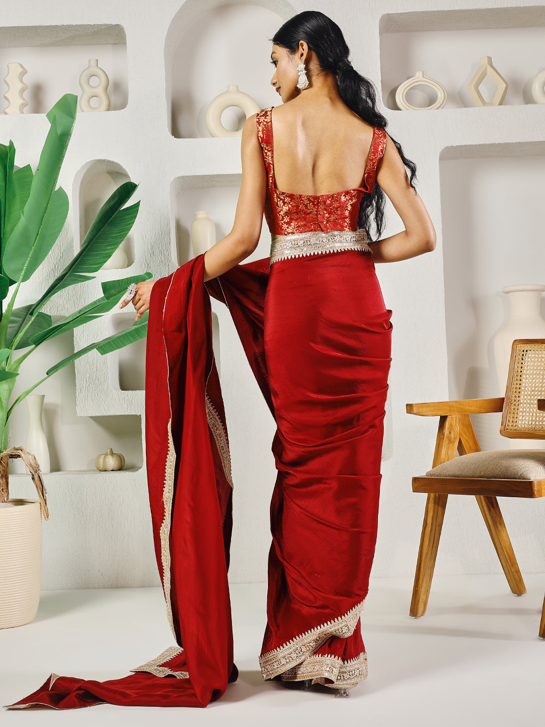 Fab Fashion Red Upara Ready to Wear Saree With Blouse | Swadesiicart