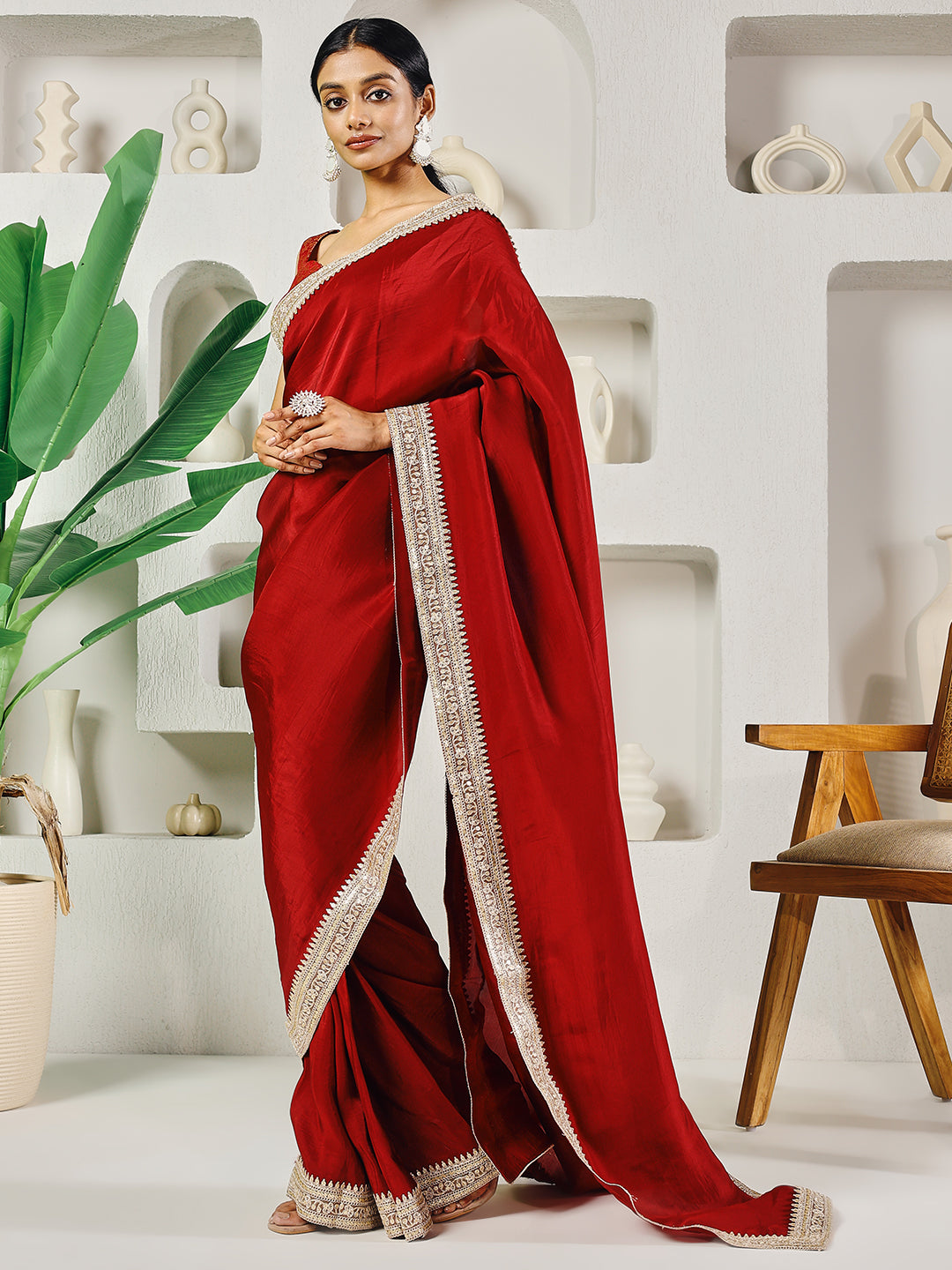 Fab Fashion Red Upara Ready to Wear Saree With Blouse | Swadesiicart