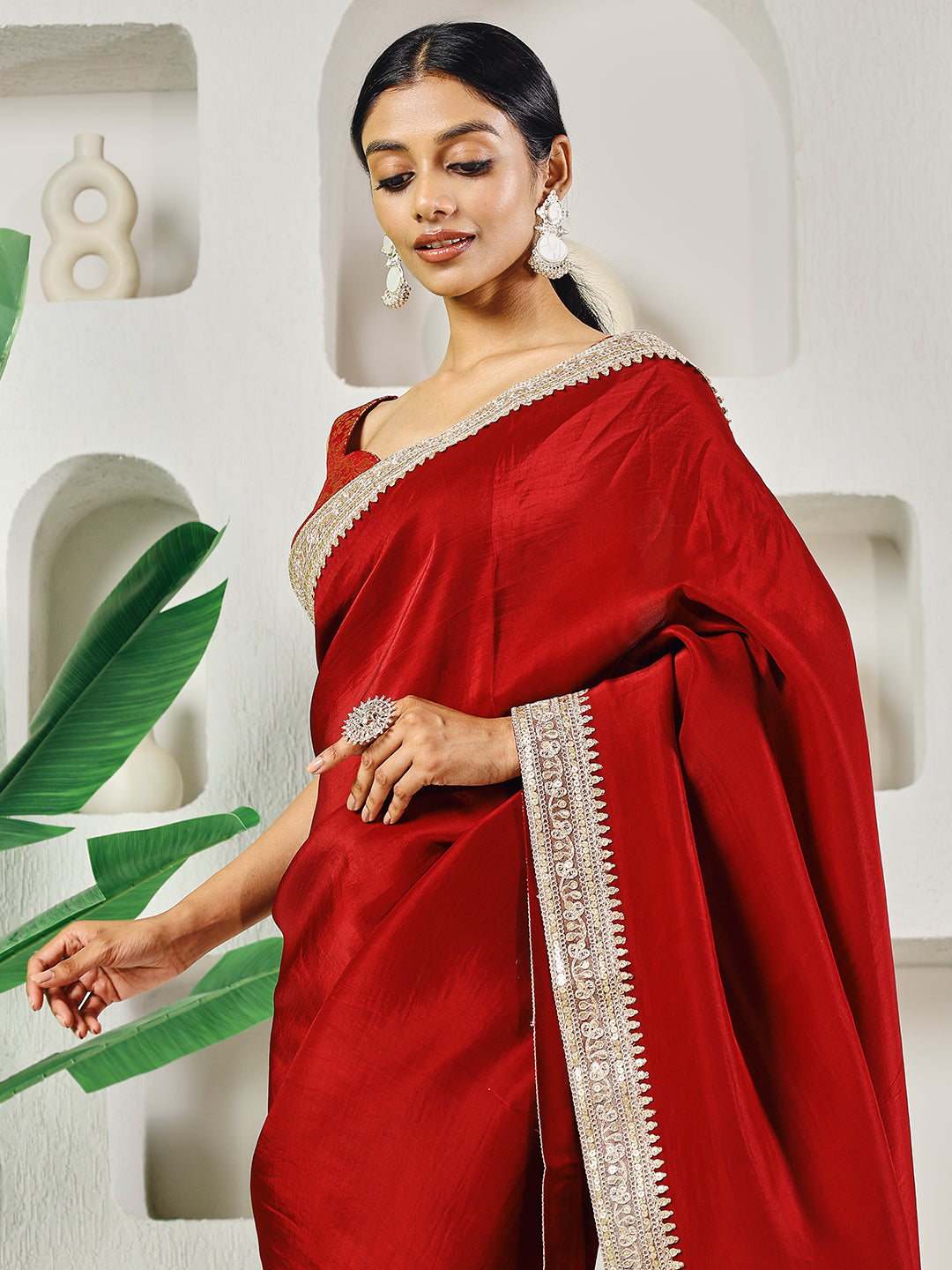 Fab Fashion Red Upara Ready to Wear Saree With Blouse | Swadesiicart