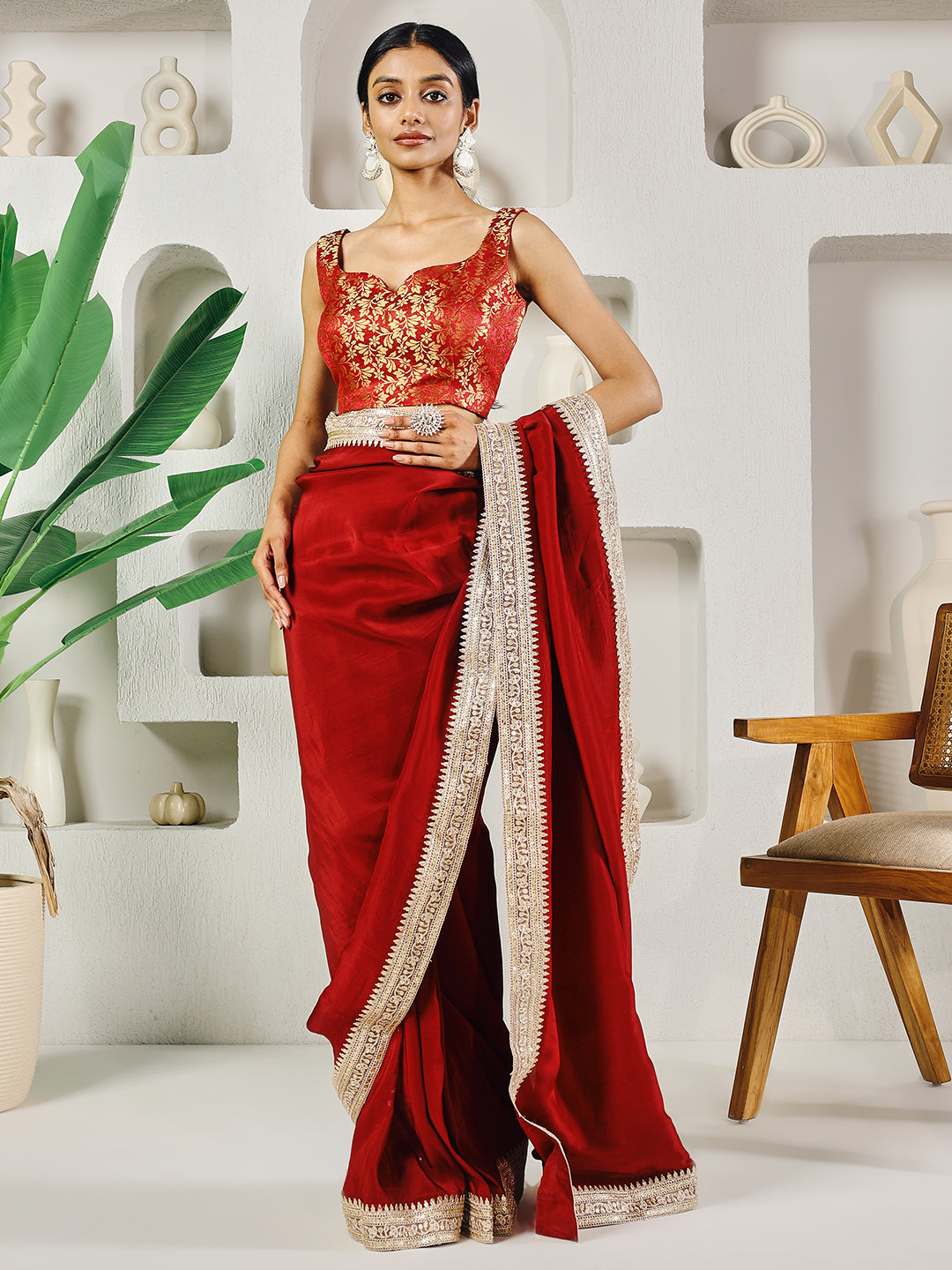 Fab Fashion Red Upara Ready to Wear Saree With Blouse | Swadesiicart