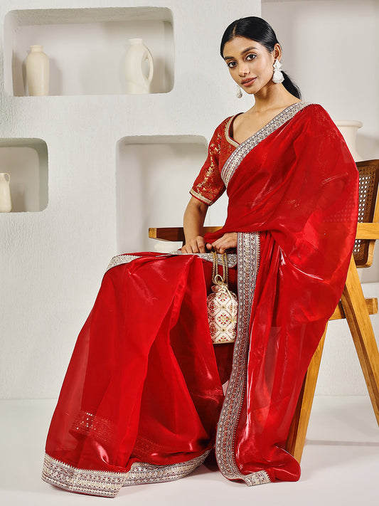 Fab Fashion Red Solid Ready to Wear Saree With Blouse | Swadesiicart