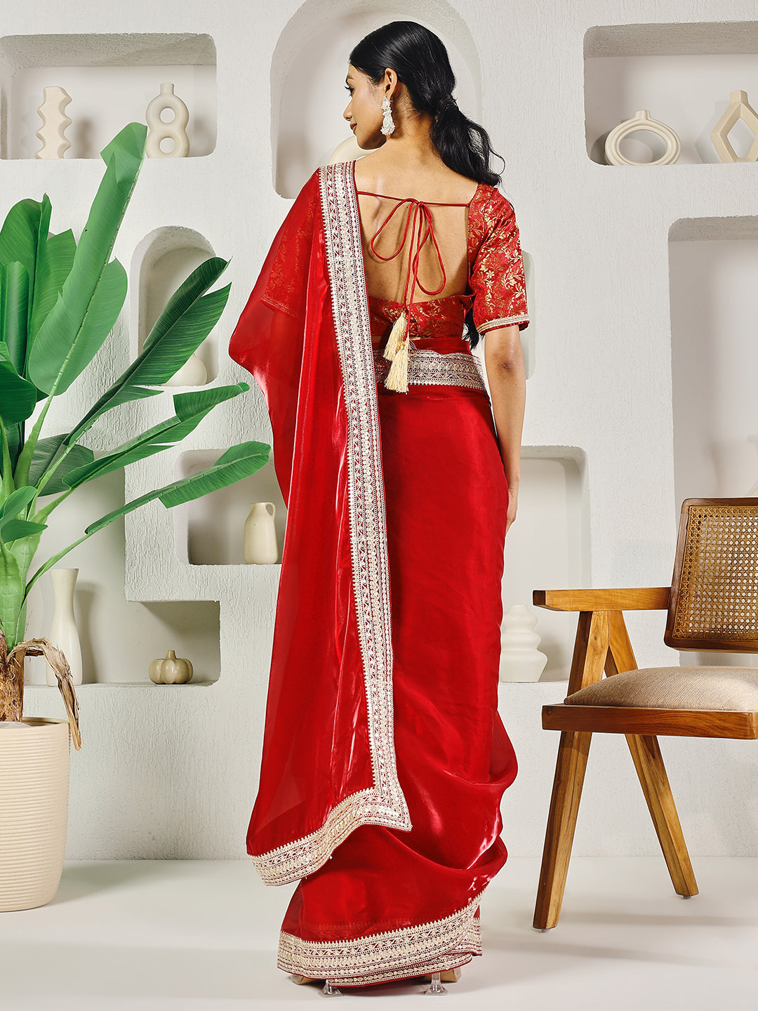Fab Fashion Red Solid Ready to Wear Saree With Blouse | Swadesiicart