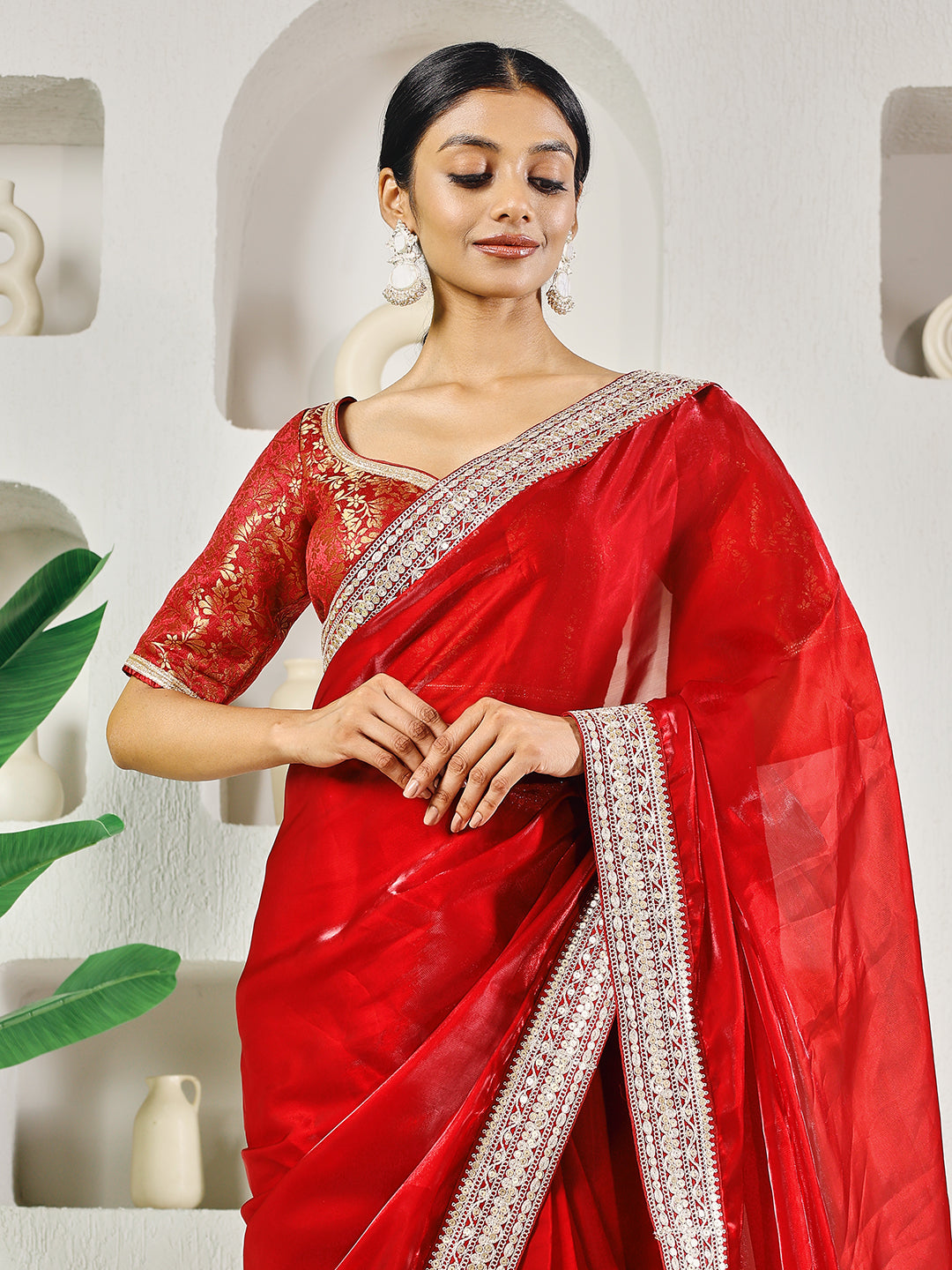 Fab Fashion Red Solid Ready to Wear Saree With Blouse | Swadesiicart