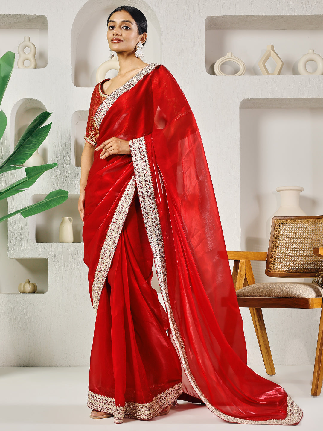 Fab Fashion Red Solid Ready to Wear Saree With Blouse | Swadesiicart