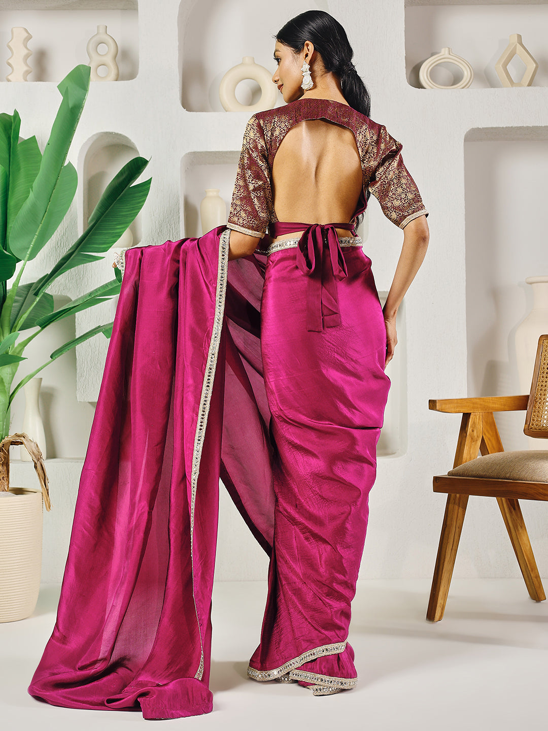 Fab Fashion Dark Purple Solid Ready to Wear Saree With Blouse | Swadesiicart