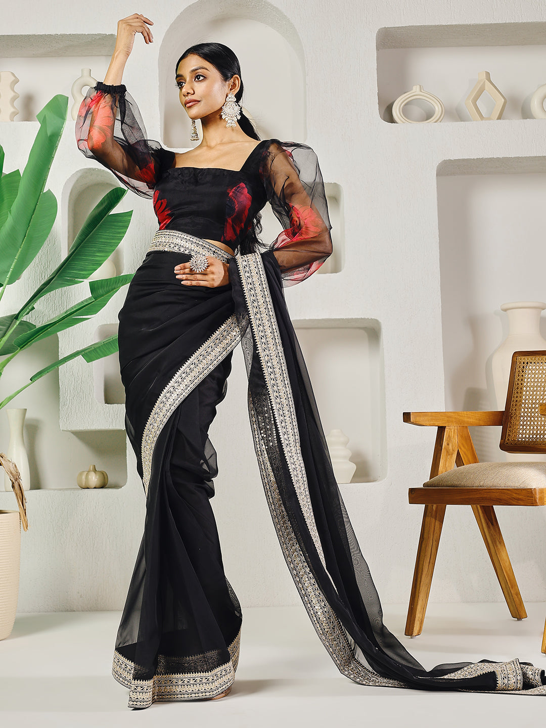 Fab Fashion Black Organza Ready to Wear Saree with Blouse | Swadesiicart