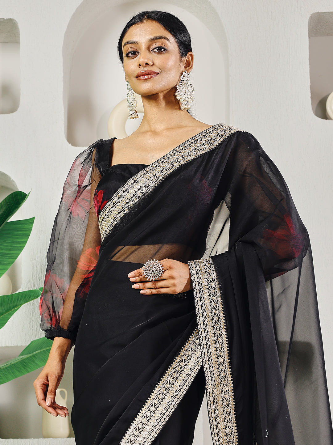 Fab Fashion Black Organza Ready to Wear Saree with Blouse | Swadesiicart