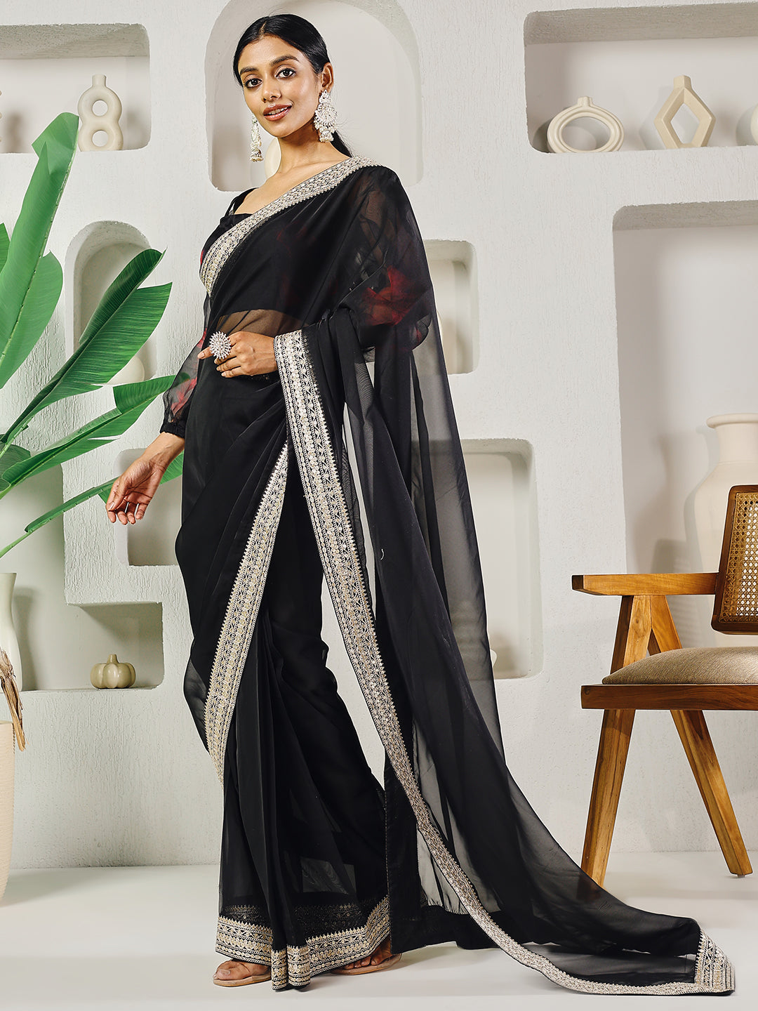 Fab Fashion Black Organza Ready to Wear Saree with Blouse | Swadesiicart