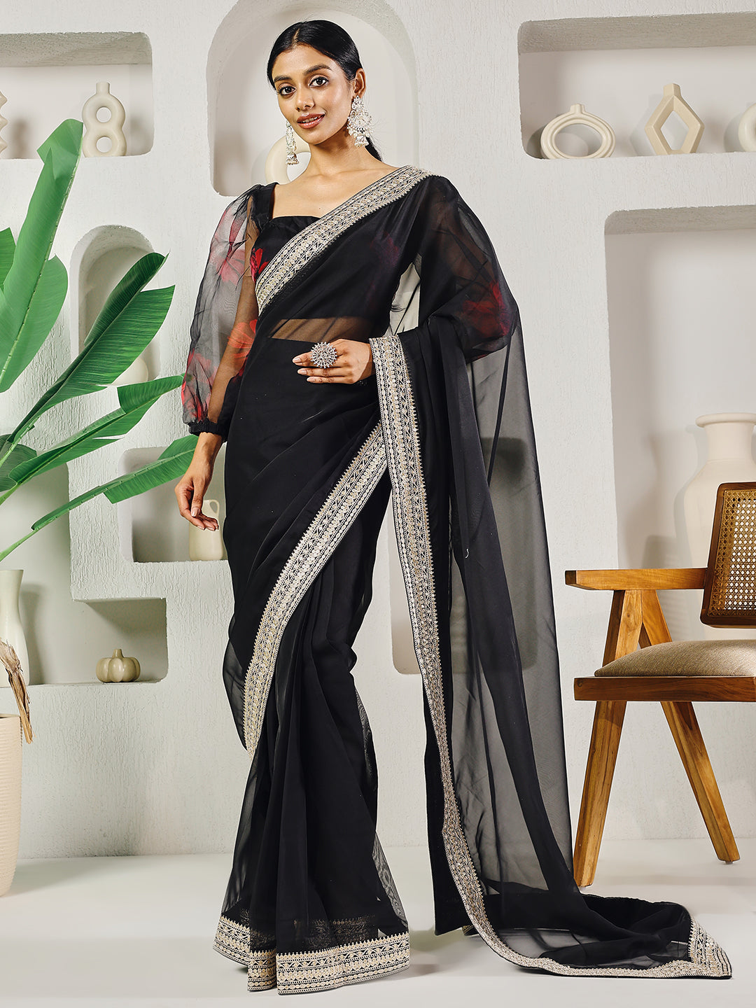 Fab Fashion Black Organza Ready to Wear Saree with Blouse | Swadesiicart
