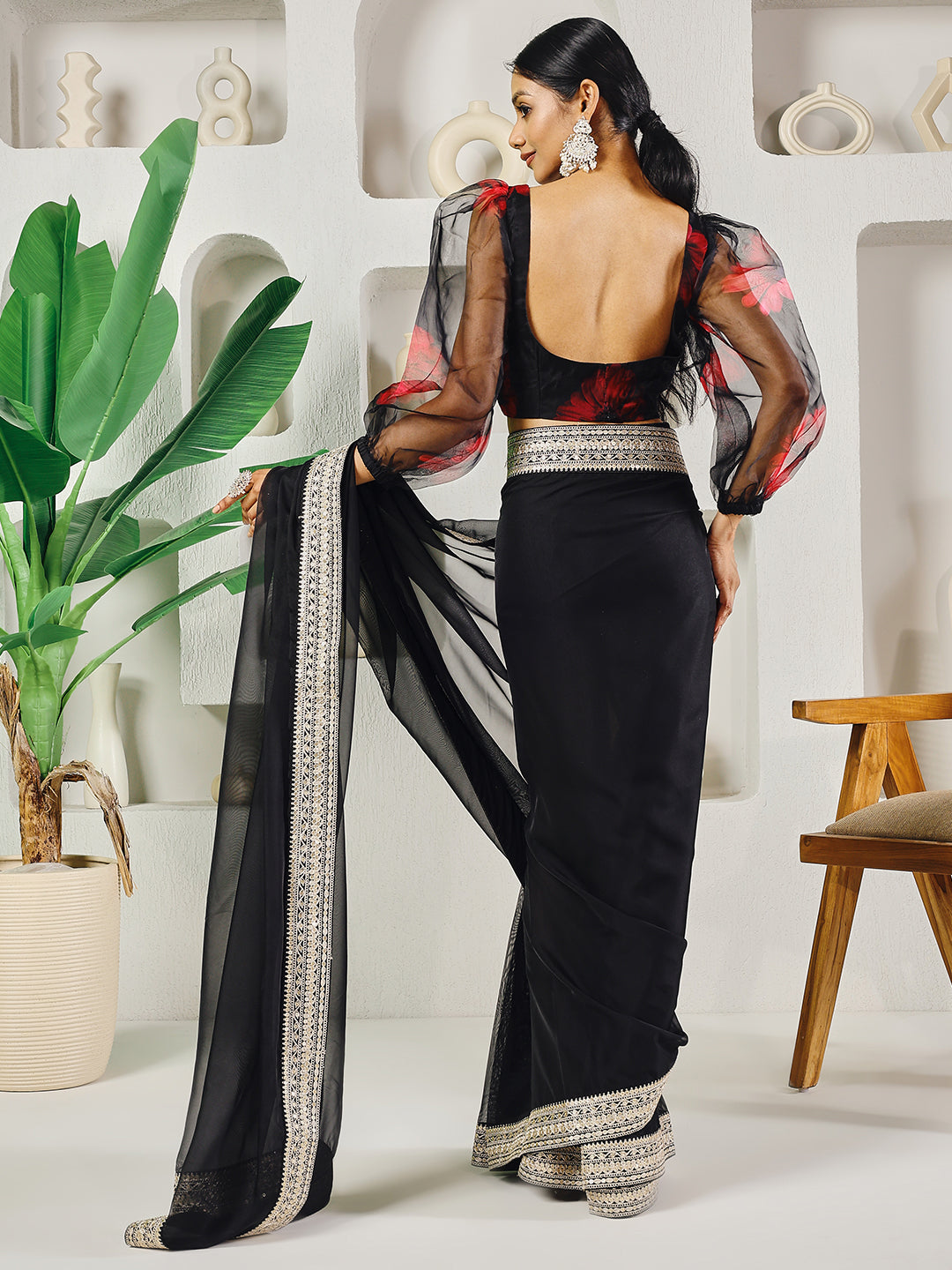 Fab Fashion Black Organza Ready to Wear Saree with Blouse | Swadesiicart