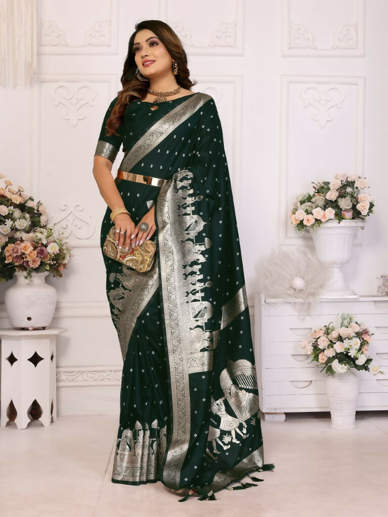 Anaita Dark Green kochi Silk With Bandhej Weaving Saree With Blouse