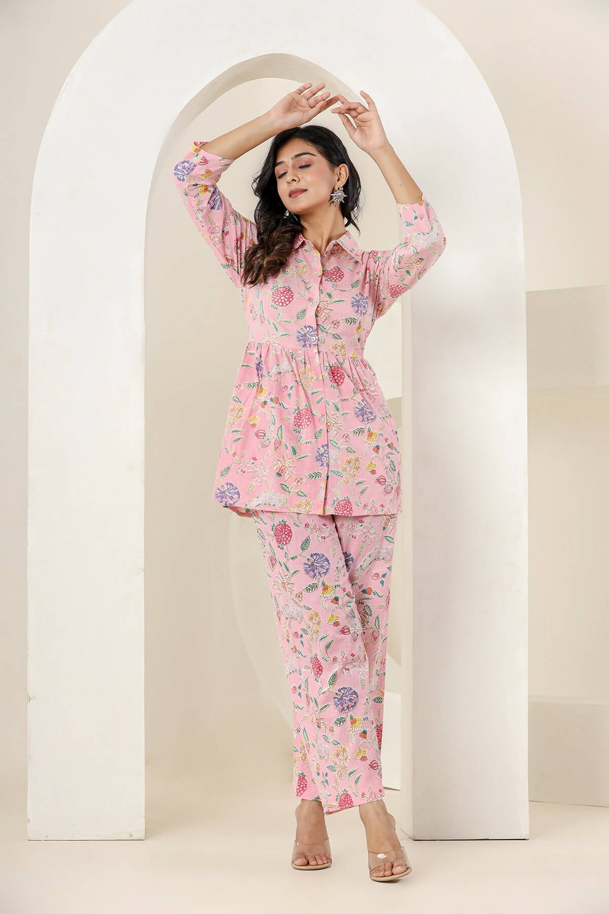 Kaajh Women's Baby Pink Printed Cotton Co-ord Set - Swadesiicart
